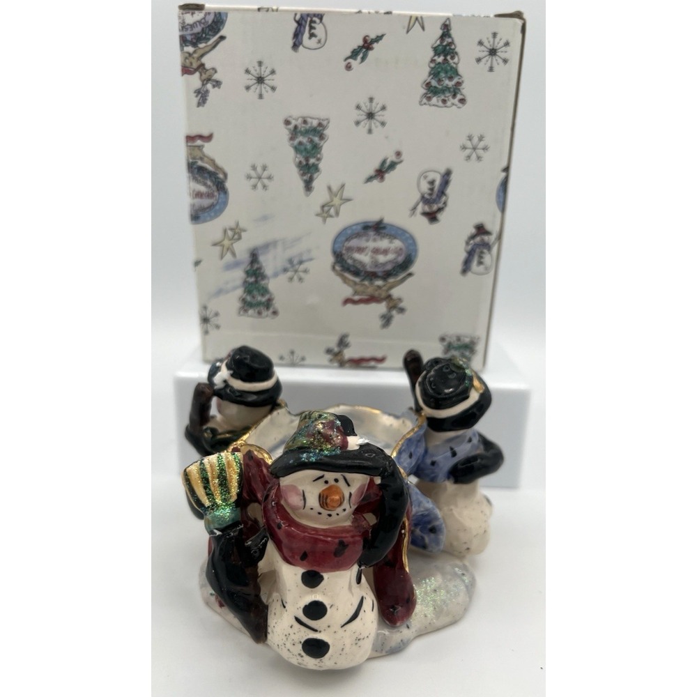 Blue Sky Clayworks Heather Goldminc Snowman Circle Trio Tealight Boxed EUC